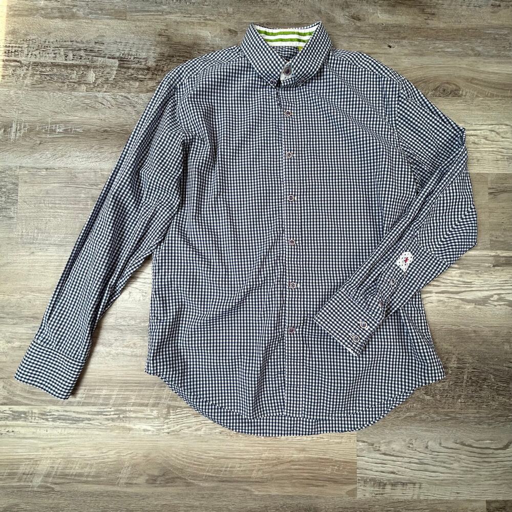 Robert Graham X Tailored Fit Gingham Button Down Shirt Embroidered Flip Cuff L